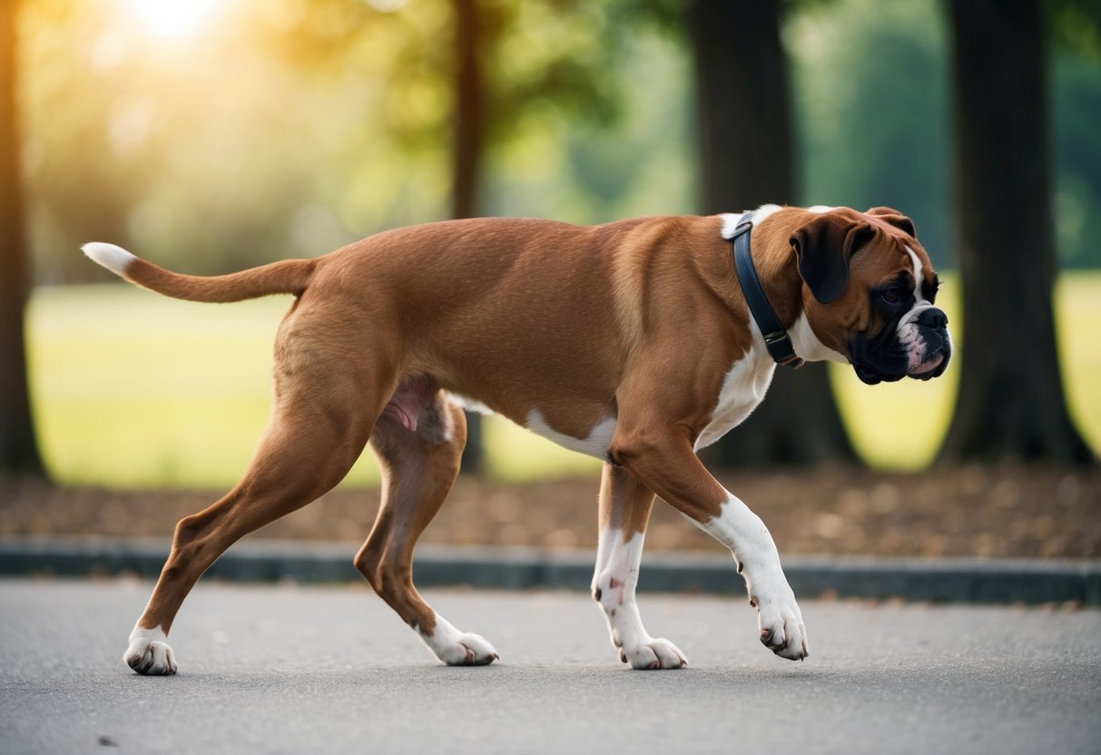 A boxer dog struggles to walk, favoring one leg and wincing in pain