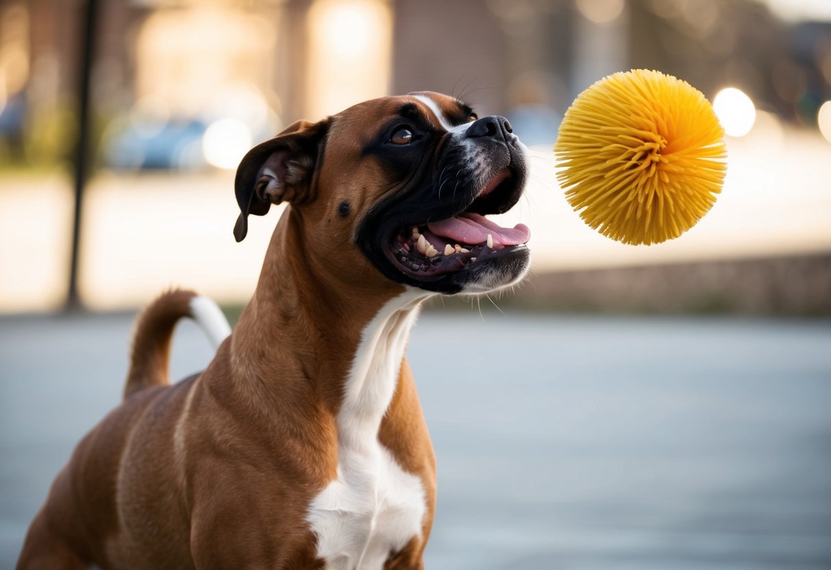 A boxer dog plays with a squeaky toy, tossing it in the air with its mouth open and tail wagging