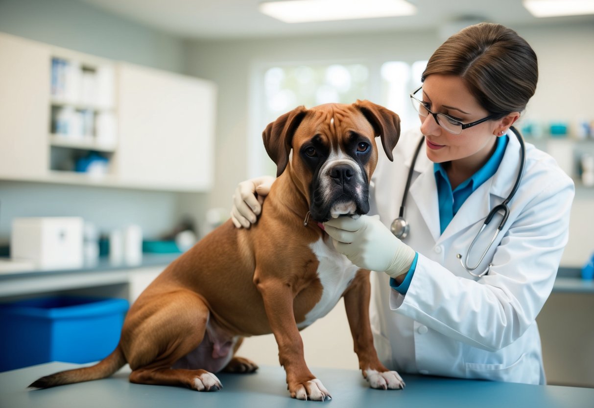 A veterinarian examining a limping boxer dog in a clinical setting