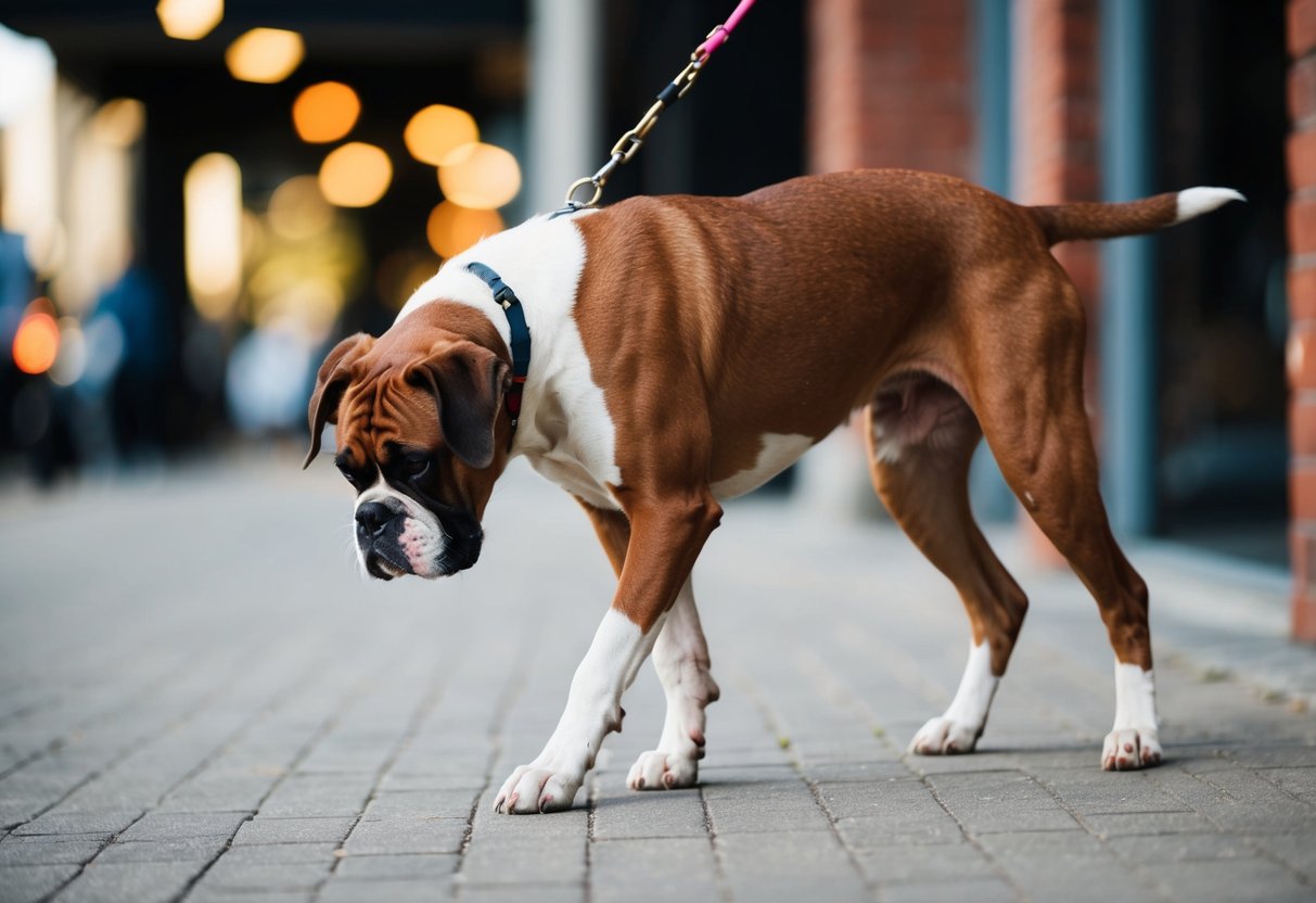 A boxer dog struggles to walk, favoring one leg and showing signs of discomfort