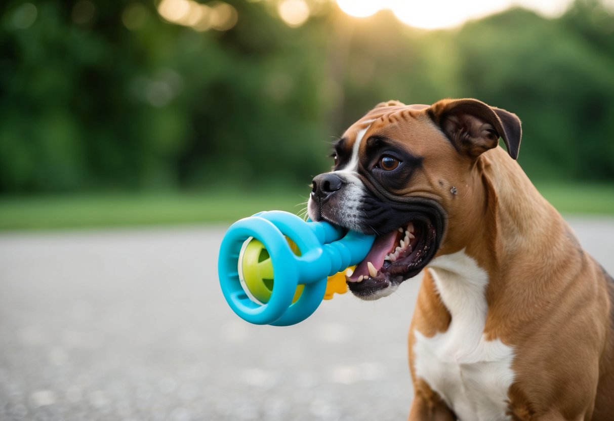 A boxer dog happily plays with a durable rubber chew toy, enthusiastically tugging and shaking it with its strong jaws