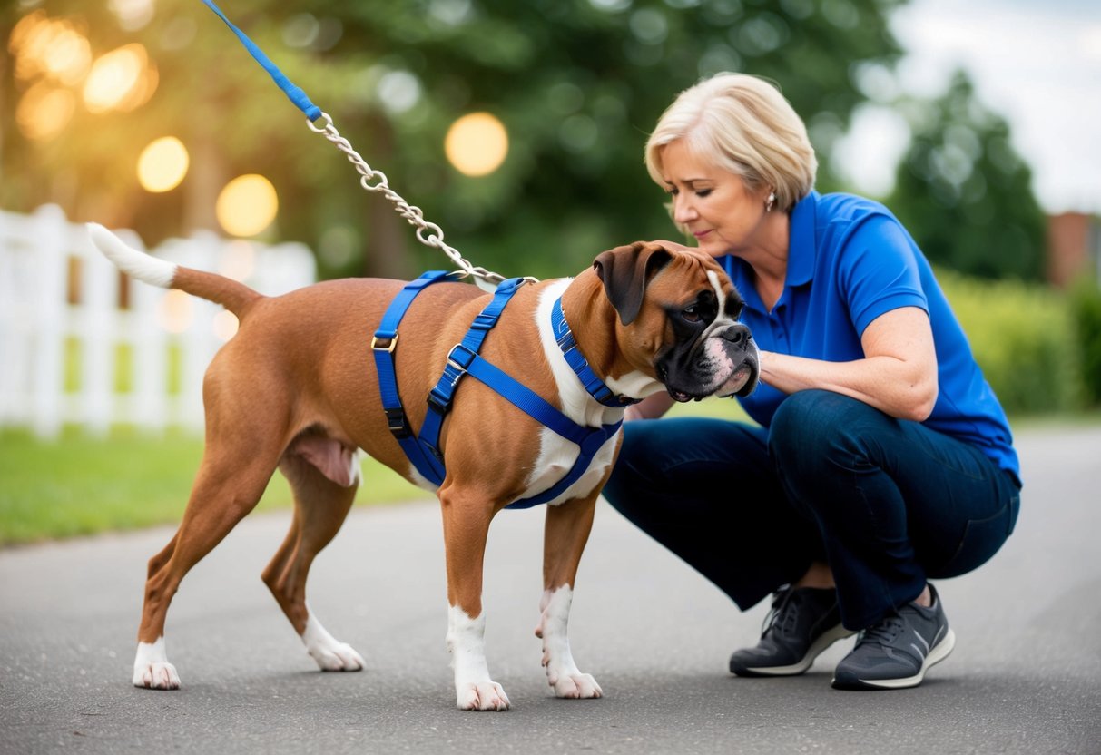 A boxer dog struggles to walk, leaning on a supportive harness. A concerned owner looks on, offering comfort and support