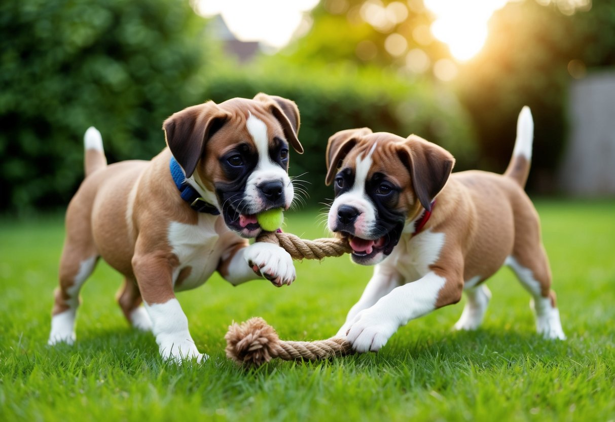 Two boxer puppies playfully tugging on a rope toy in a grassy backyard