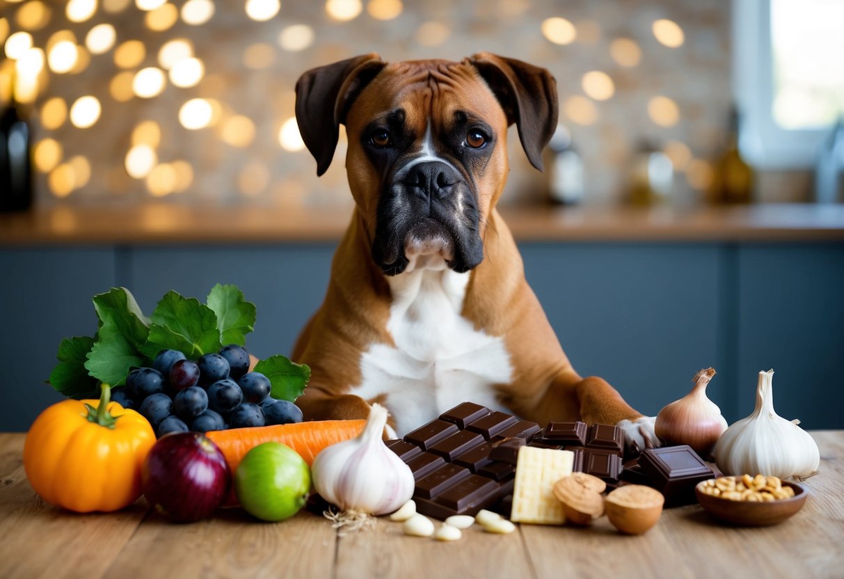 A boxer dog surrounded by foods to avoid: grapes, onions, garlic, chocolate, caffeine, and high-fat foods