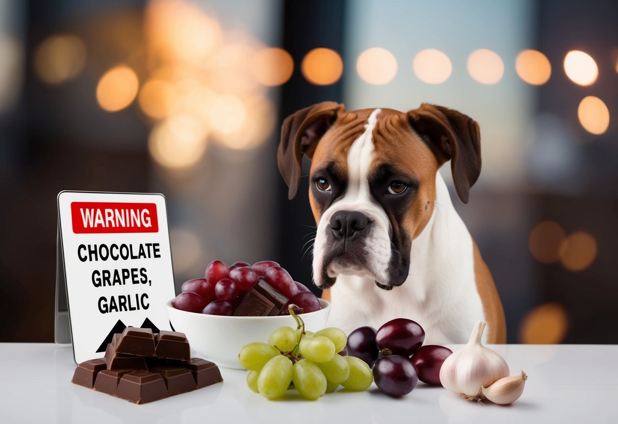 A boxer dog turning away from a bowl of chocolate, grapes, onions, and garlic, with a warning sign next to the bowl
