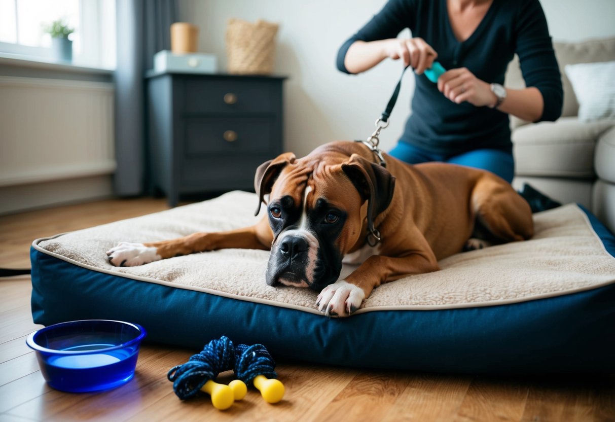 A boxer dog lying on a cozy bed with a water bowl, chew toys, and a leash nearby. A person is seen grooming the dog's coat