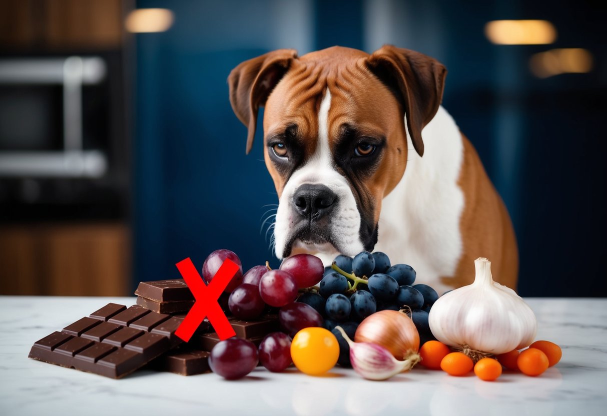 A boxer dog sniffs a pile of foods including chocolate, grapes, onions, and garlic, with a red "X" over each item
