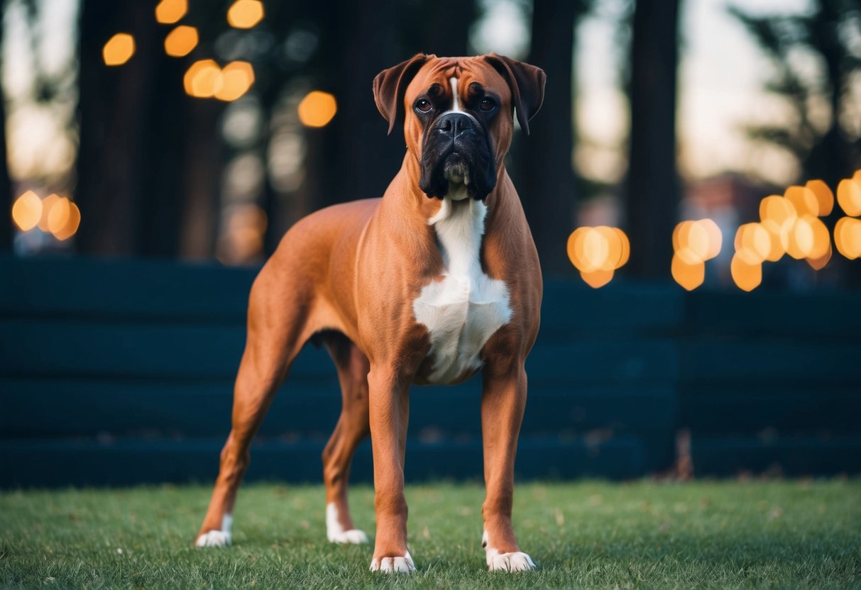 A male boxer dog stands proudly, fully grown, with a muscular build and alert expression