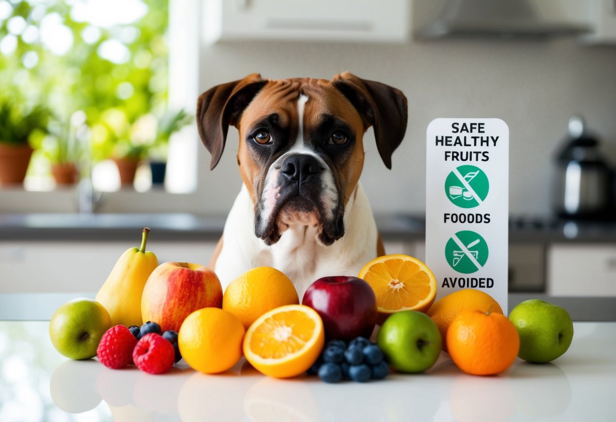 A boxer dog surrounded by a variety of safe and healthy fruits, with a clear indication of foods to be avoided nearby