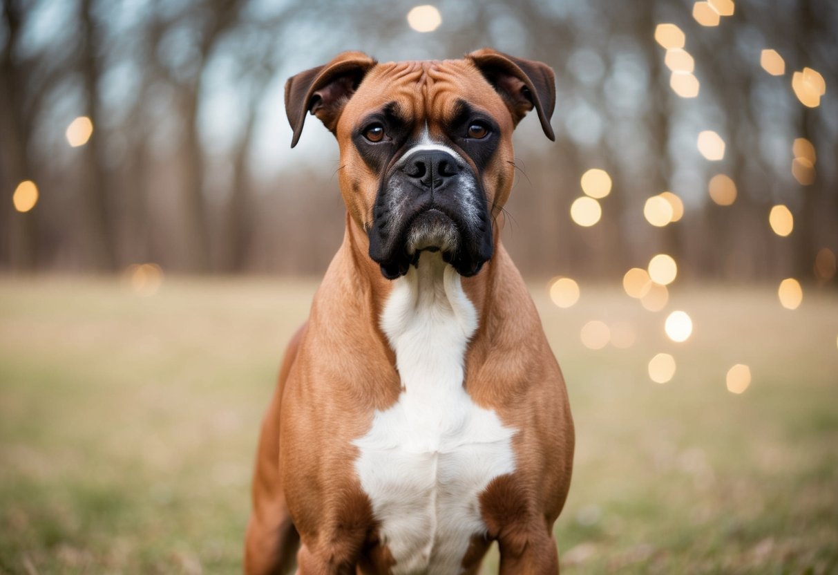 A male boxer dog stands proudly, fully grown and muscular, with a mature and confident expression on its face