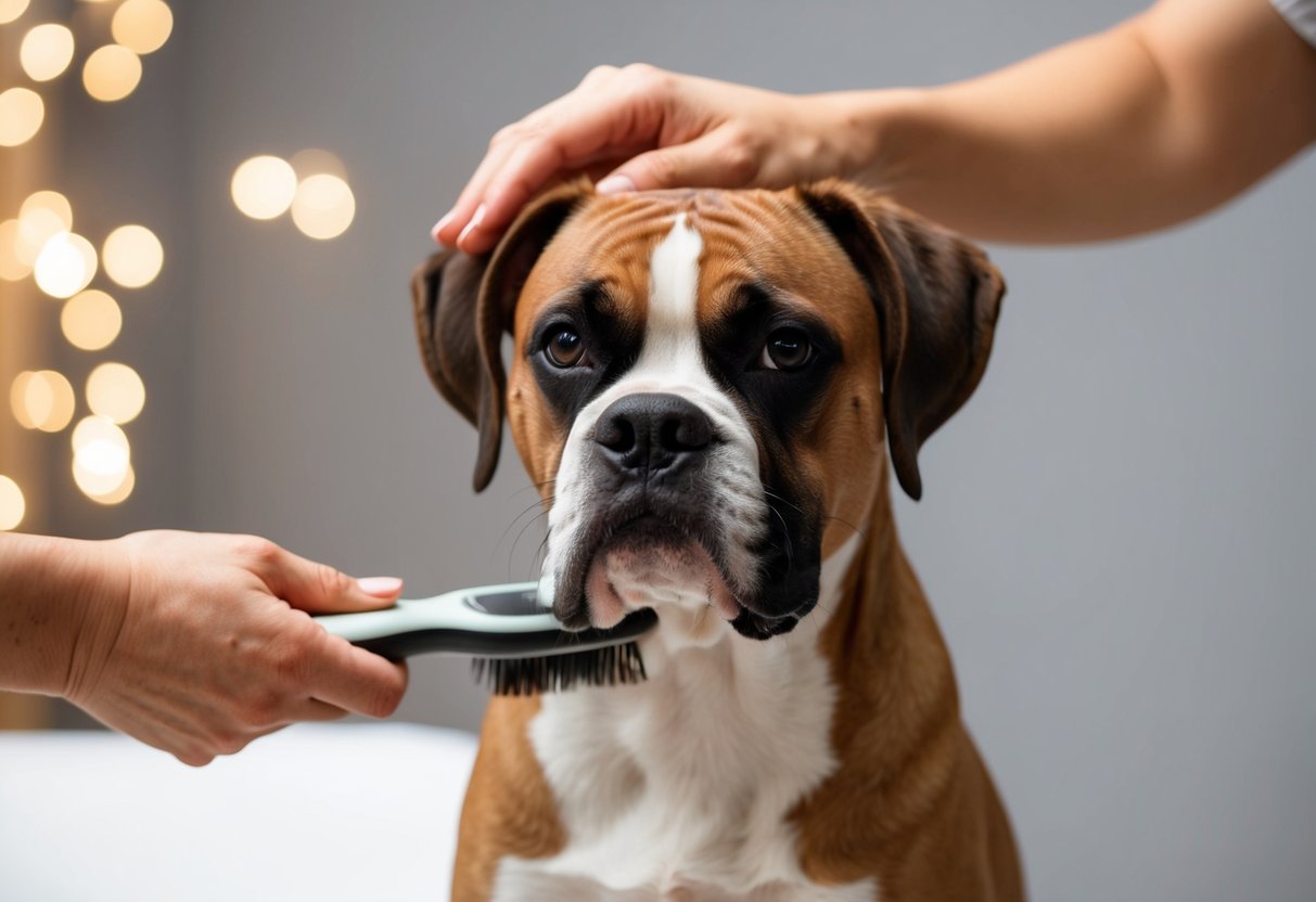 A boxer dog being brushed and groomed by a gentle hand