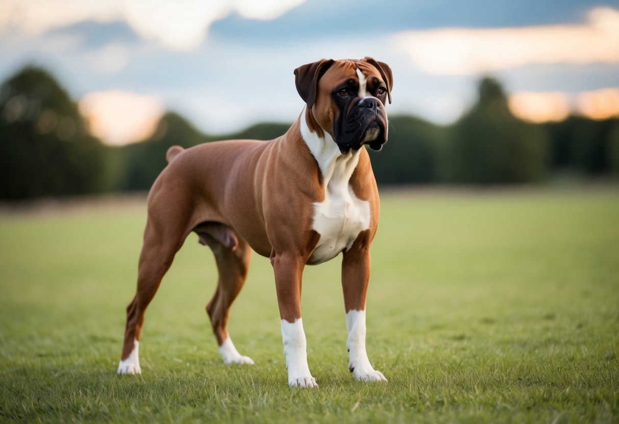 A male boxer dog stands tall and muscular, with a strong and well-proportioned body, indicating full physical development
