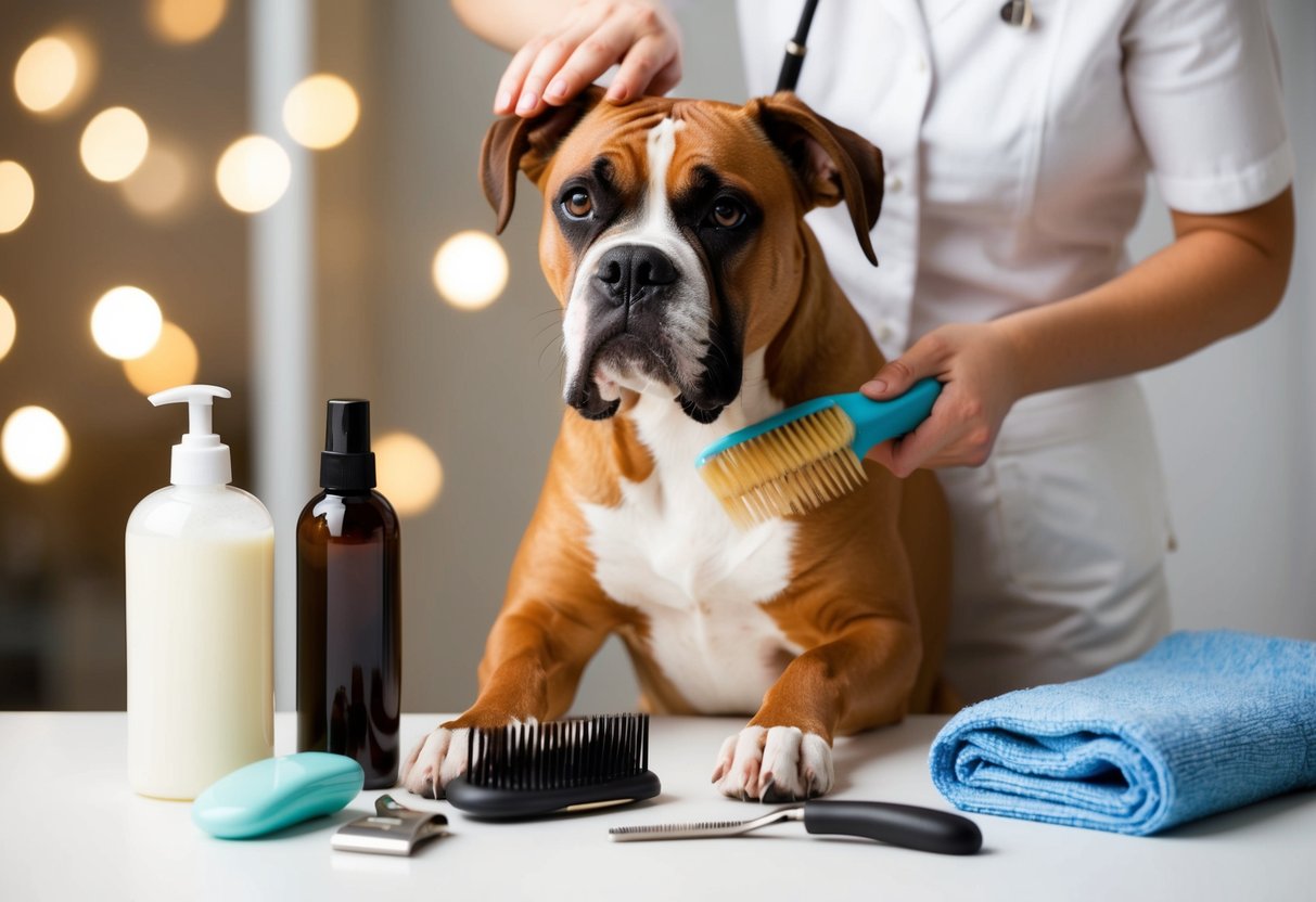 A boxer dog being brushed and groomed with a comb and brush, surrounded by grooming supplies such as shampoo, nail clippers, and a towel