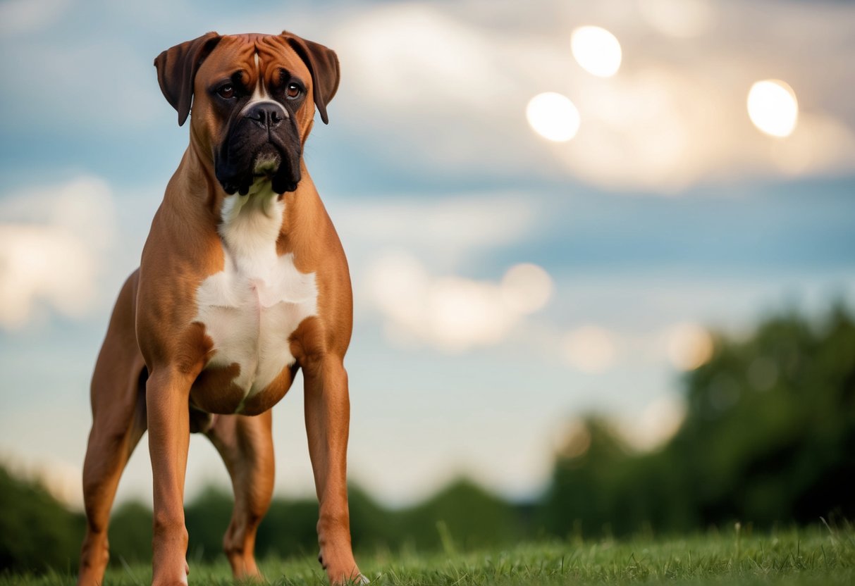 A male boxer dog standing tall and strong, with a muscular build and a confident stance, showing signs of full maturity