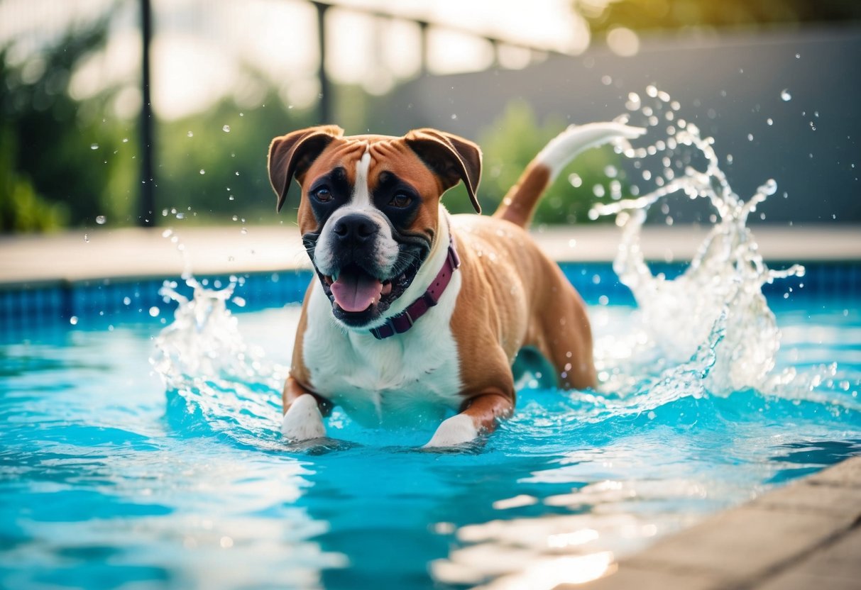 A boxer dog splashes happily in a shallow pool, wagging its tail as it plays in the water