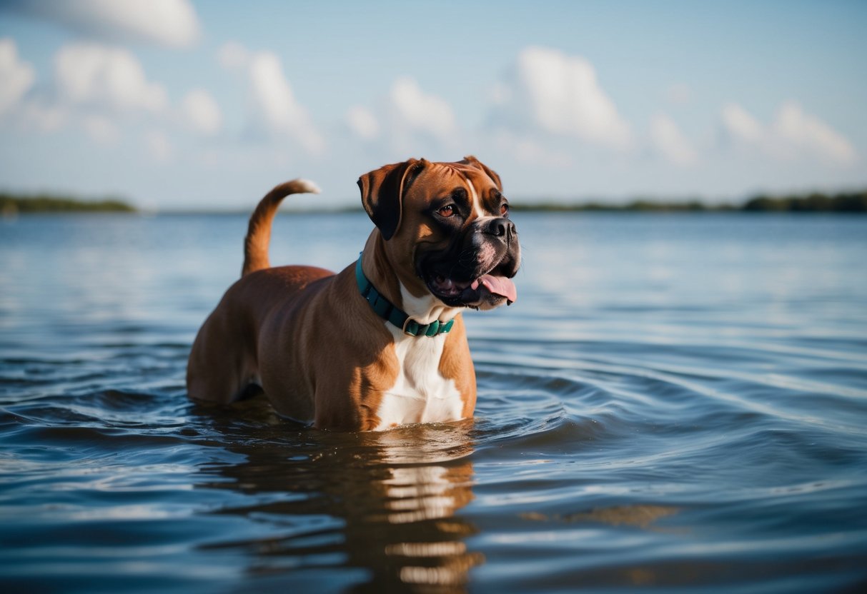 A boxer dog wades in calm, shallow water, looking content and relaxed. The sun shines, and the dog's tail wags happily
