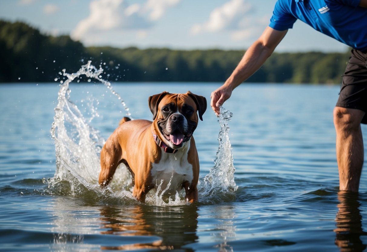 A boxer dog happily splashes in a calm lake, while a trainer stands nearby, using positive reinforcement to encourage the dog's love for water activities