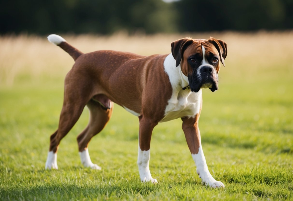 A boxer dog walking sideways on a grassy field, head turned towards the camera with a curious expression