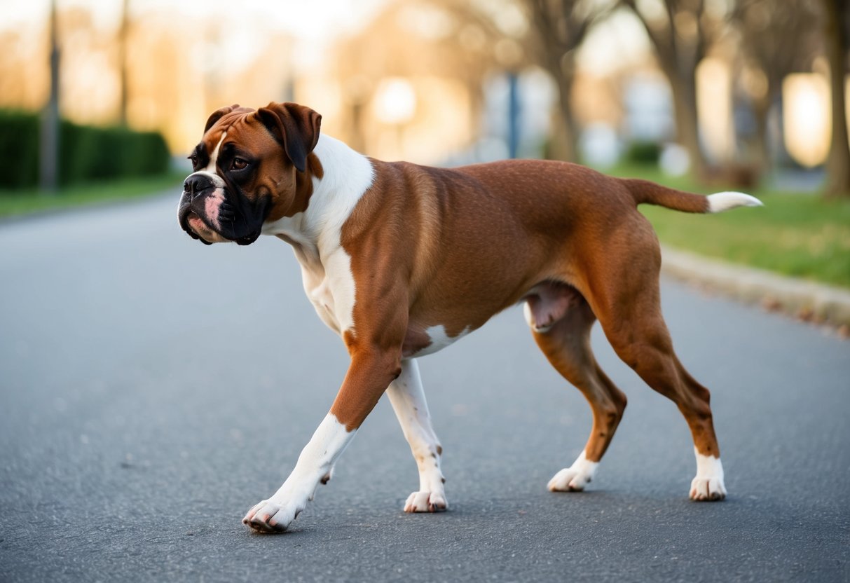 A boxer dog walking sideways with a tilted head, displaying signs of a potential neurological condition