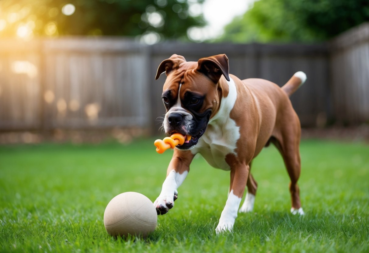A boxer dog playing with a chew toy and a ball in a grassy backyard