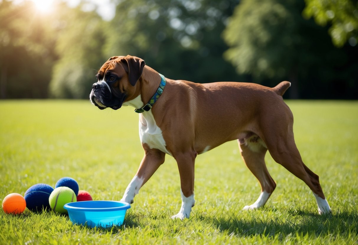 A boxer dog walks sideways on a grassy field, surrounded by toys and a water bowl. The sun is shining, and there are trees in the background