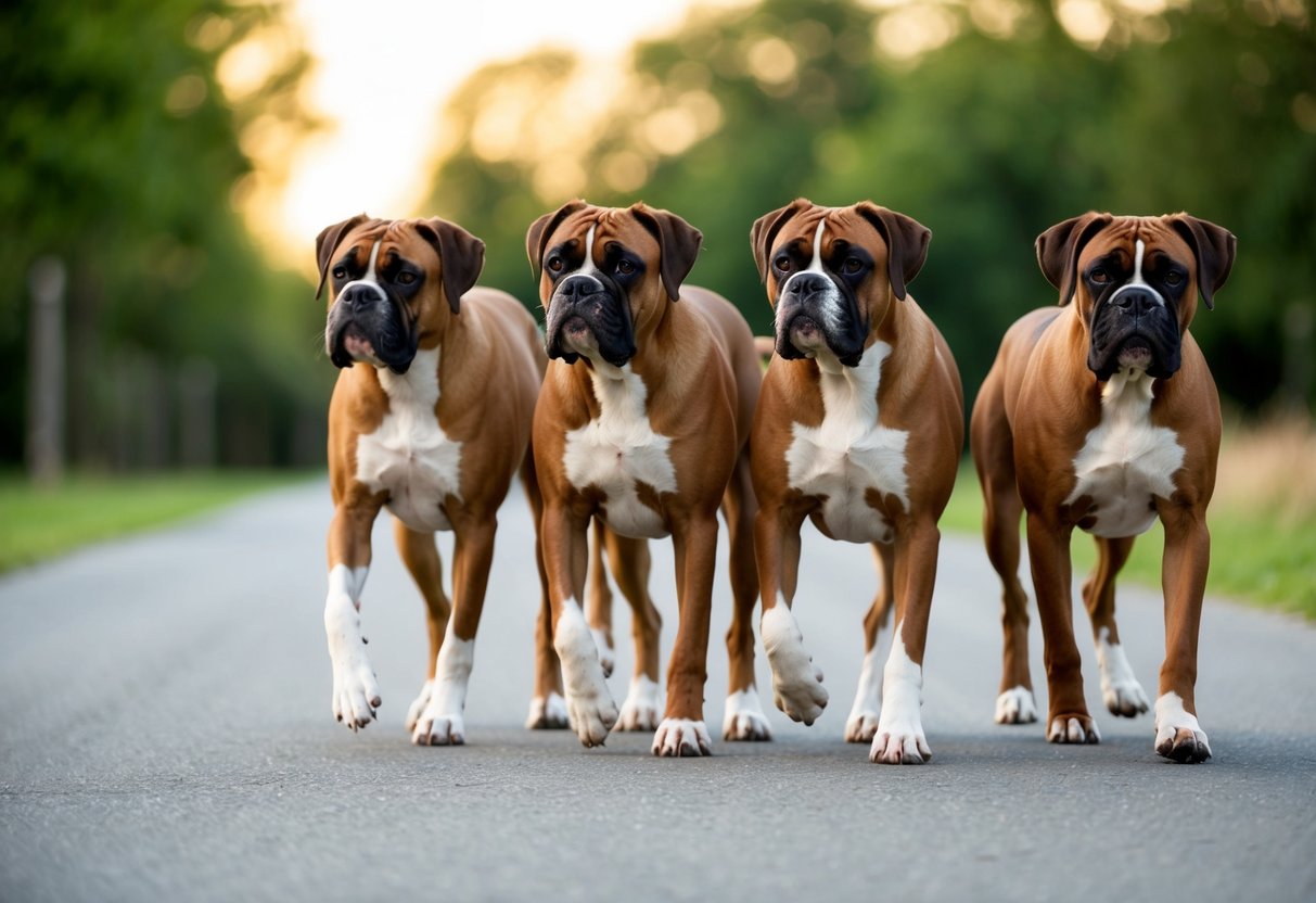 A group of boxer dogs walking sideways, their unique gait compared to other breeds