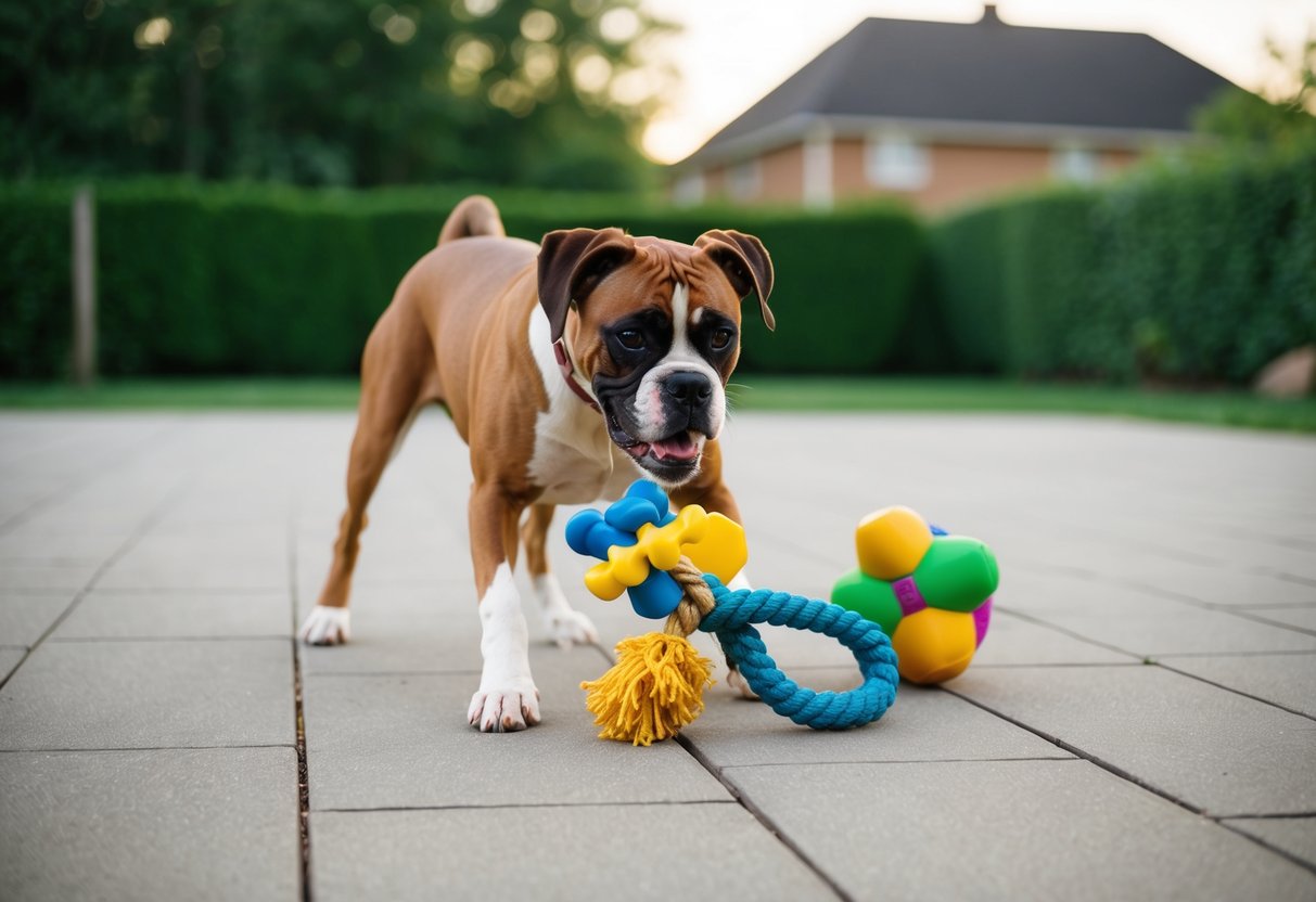 A boxer dog happily plays with a durable rubber chew toy, a sturdy rope tug toy, and a squeaky plush toy in a spacious backyard