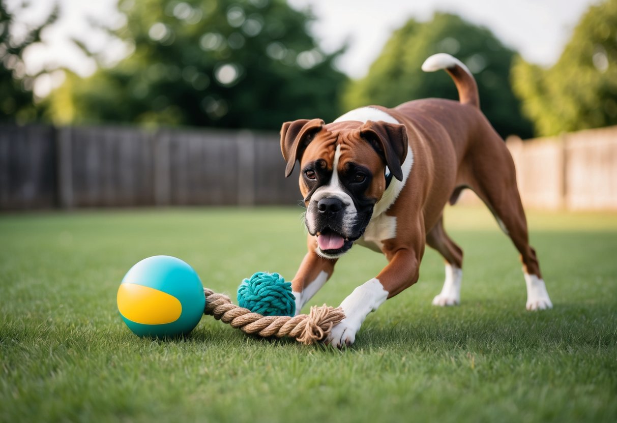 A boxer dog happily plays with a sturdy rubber ball, a tough rope toy, and a durable chew bone in a spacious backyard