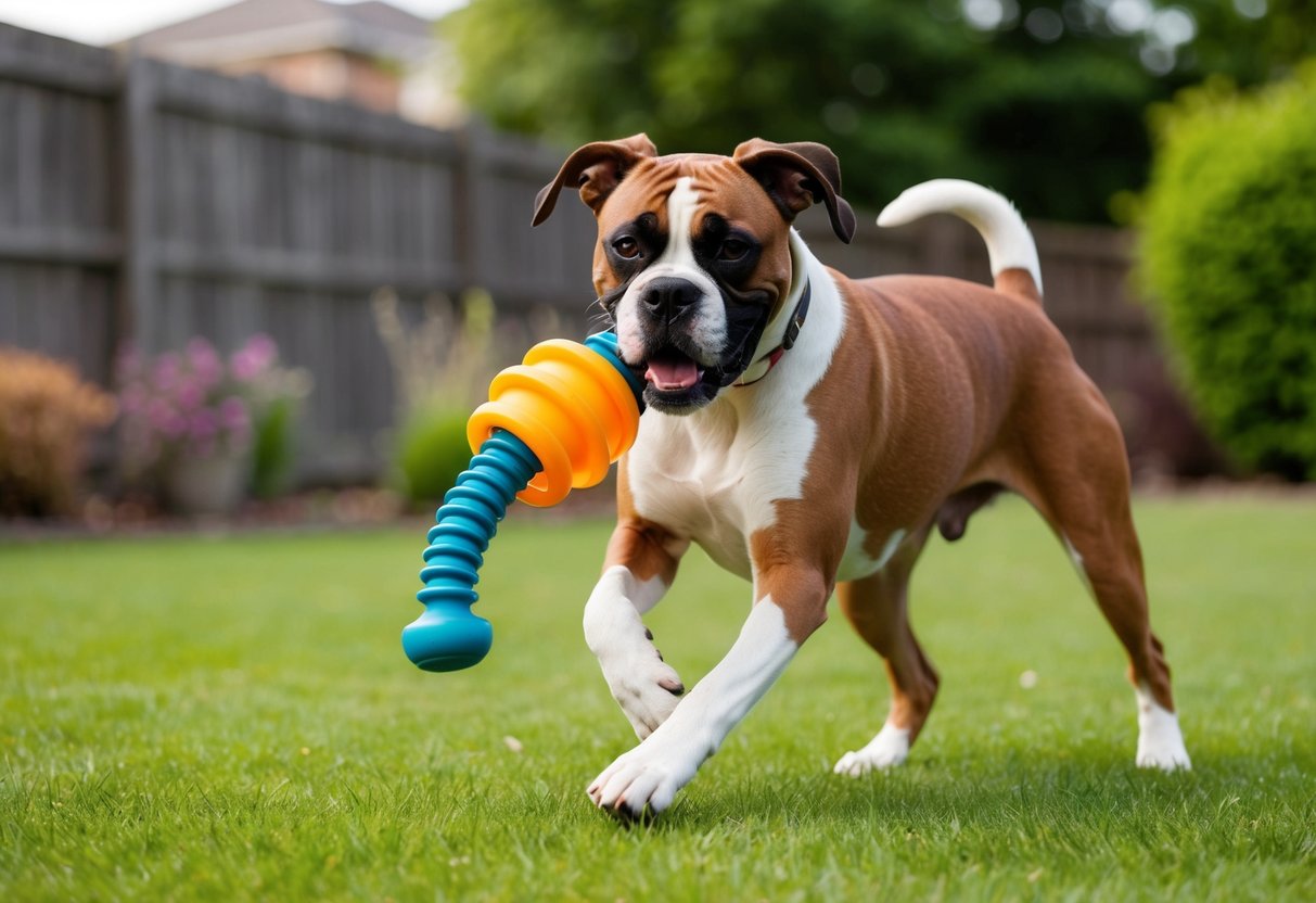 A boxer dog happily plays with a durable rubber chew toy in a spacious backyard