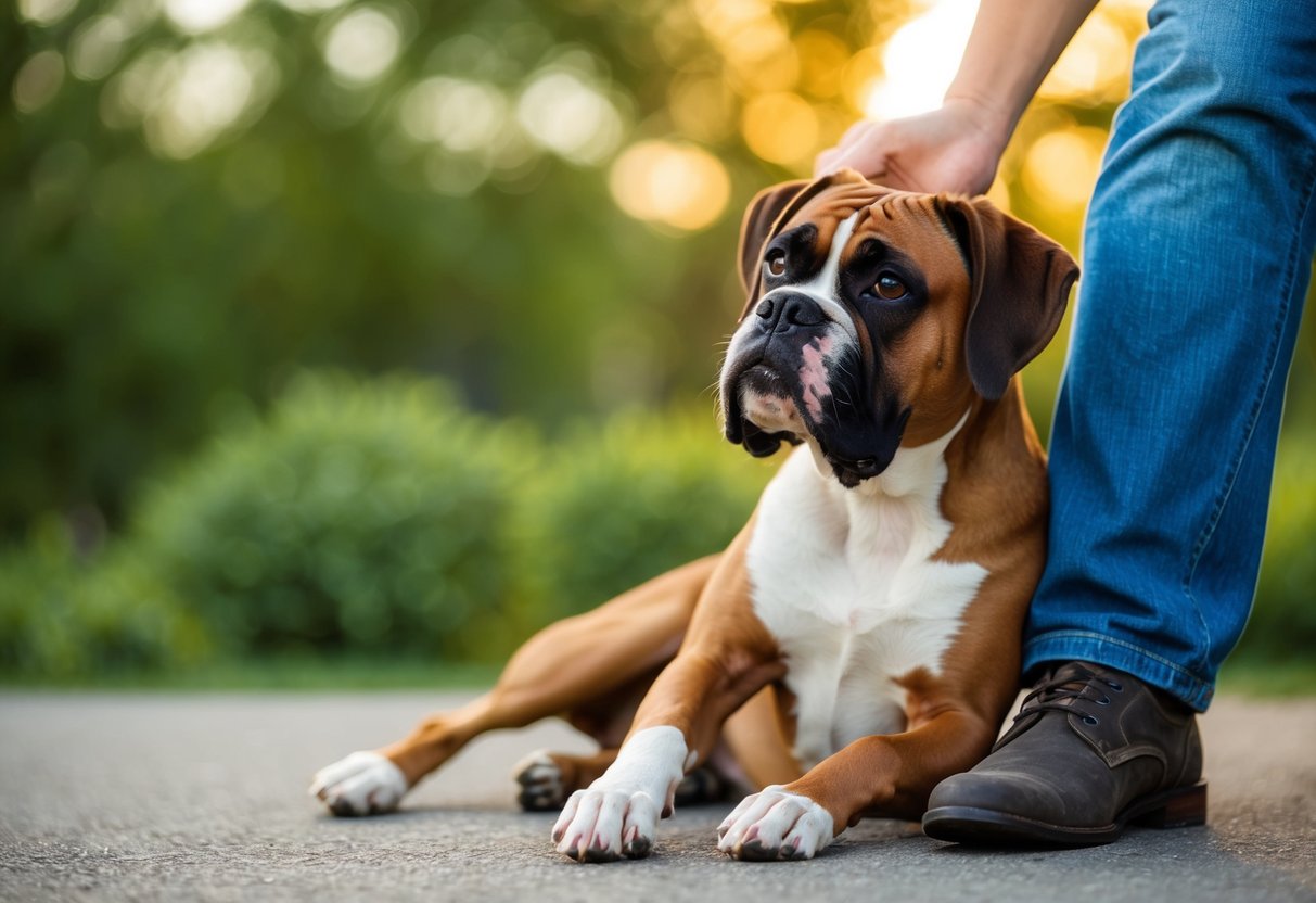 A boxer dog places its paw on a person's leg, looking up with a gentle and affectionate expression