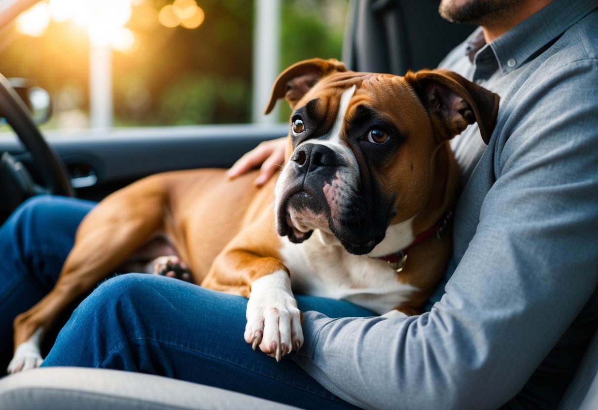 A boxer dog laying on a person's lap, looking up with a content expression