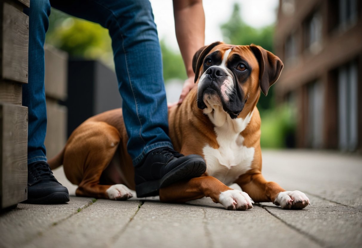 A boxer dog sitting, leaning forward with one paw resting gently on a person's leg, looking up with a curious and affectionate expression