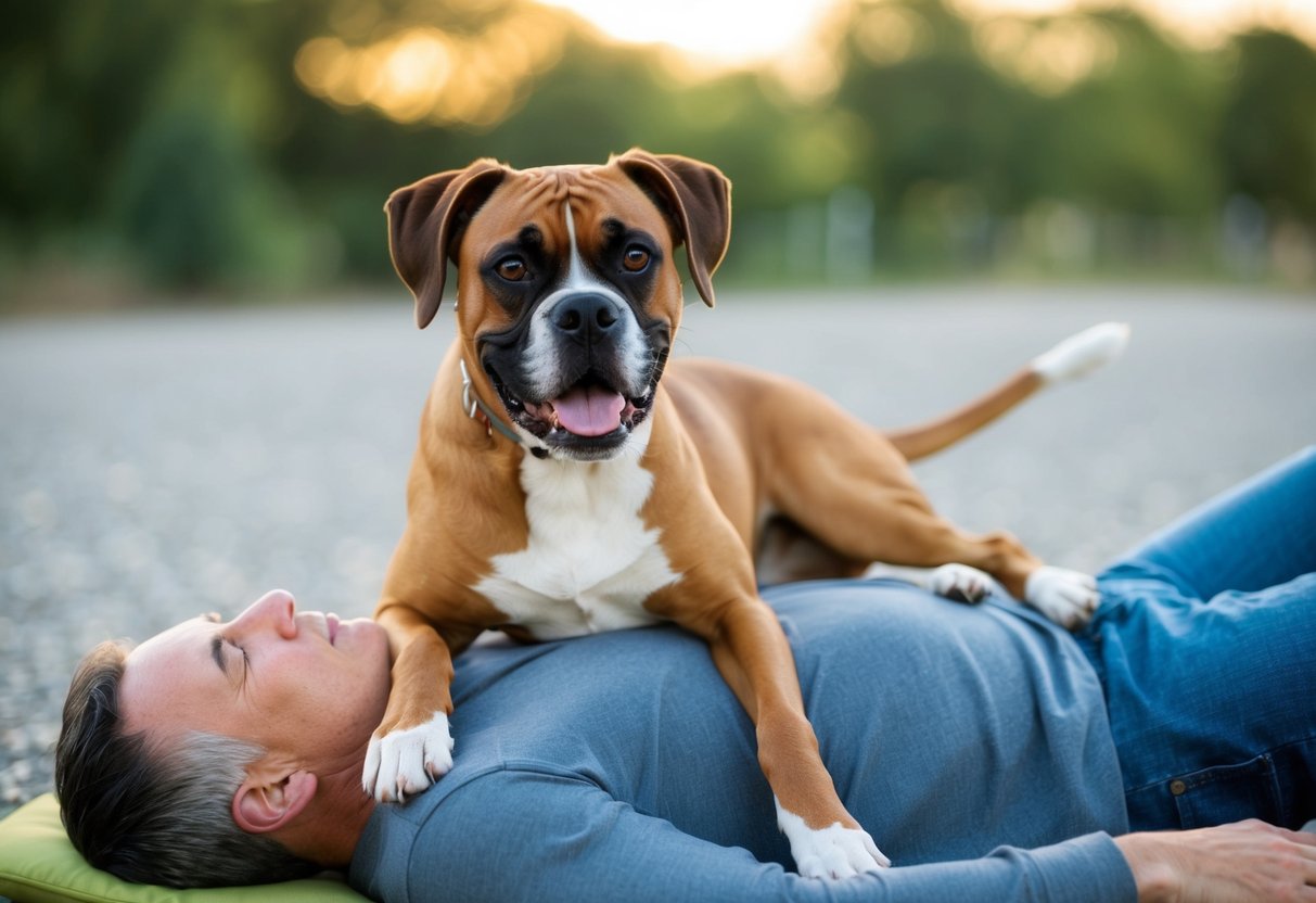 A boxer dog sits on top of a person, looking content and affectionate. The person is lying down, and the dog's tail wags happily