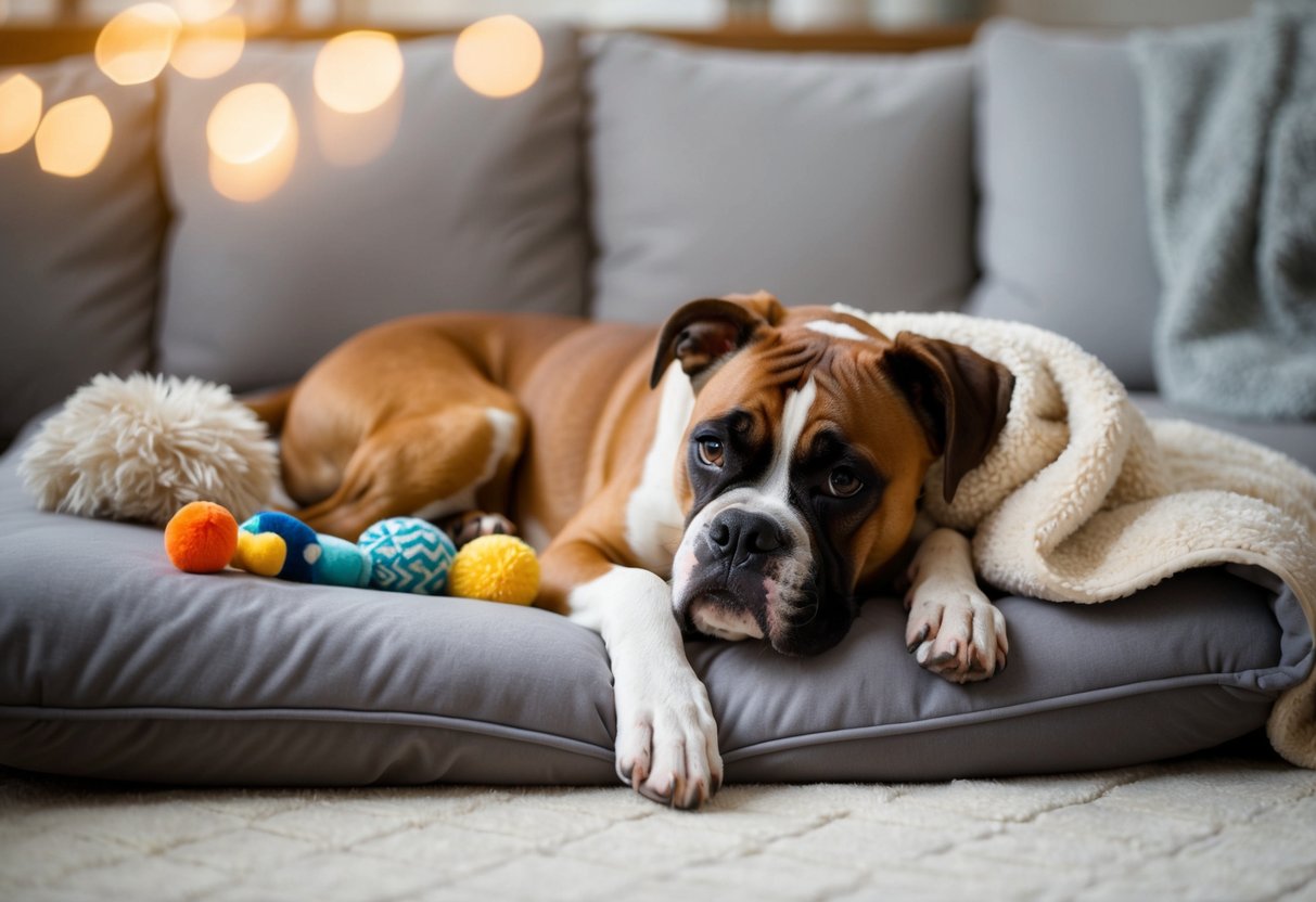 A boxer dog lays on a soft, cushioned surface, surrounded by their favorite toys and a cozy blanket for comfort and security