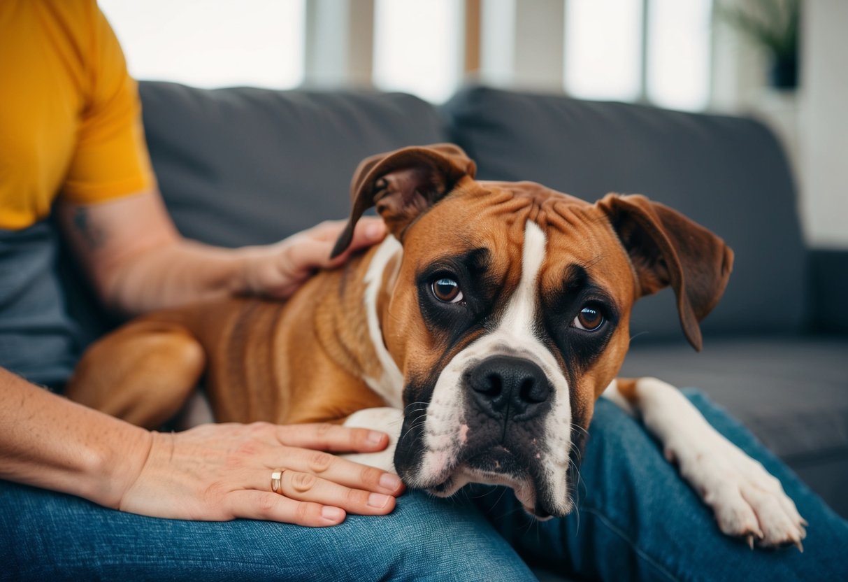 A boxer dog lays on its owner's lap, looking up with a content expression, tail wagging. The owner's hand rests on the dog's back, providing a sense of protection and comfort