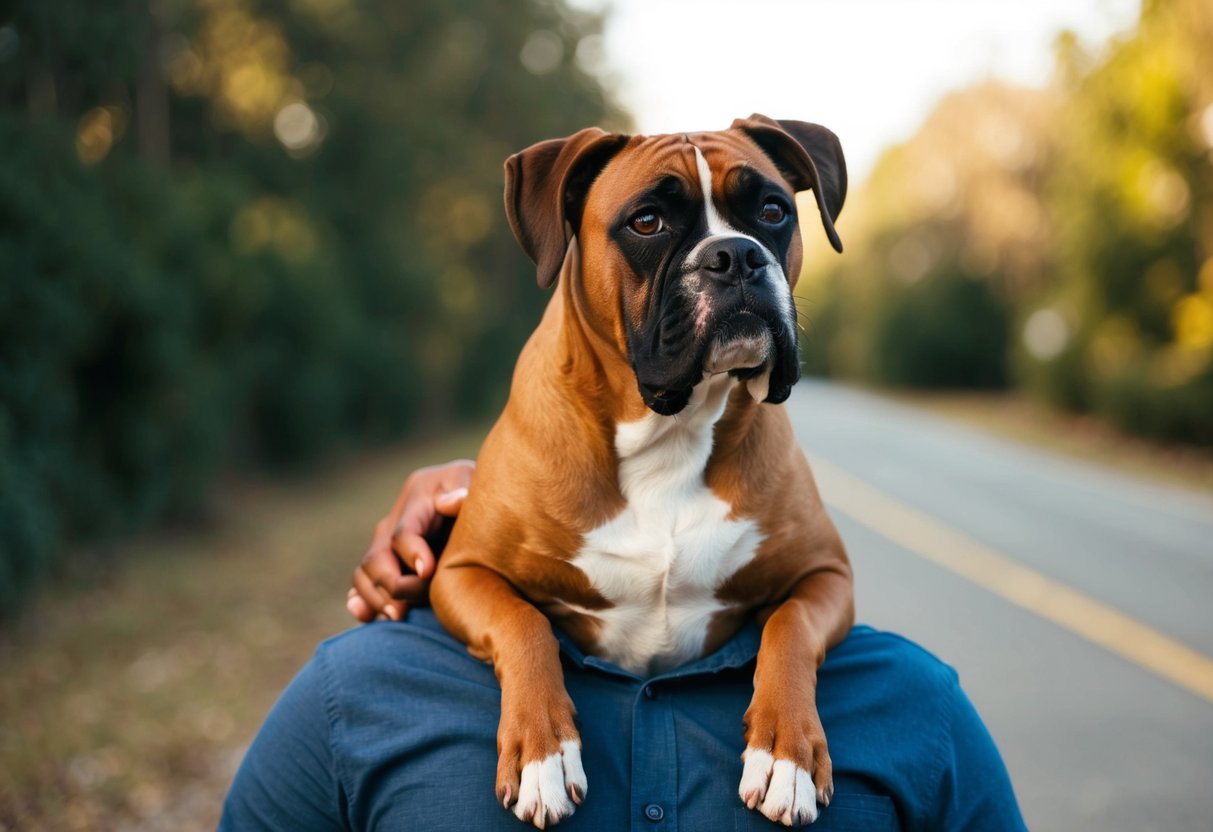 A boxer dog sitting on top of a person's chest, looking up at them with adoring eyes