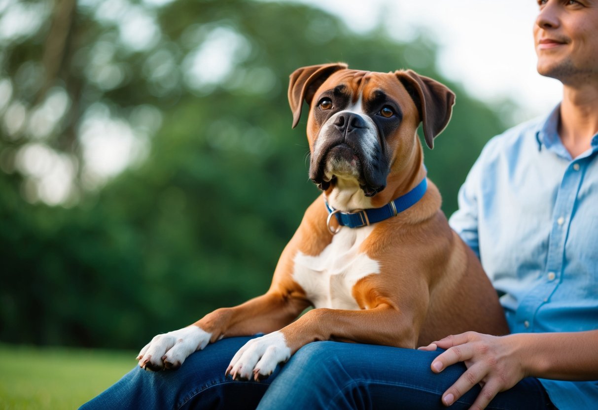 A boxer dog sitting on top of a person's lap, looking up with a curious expression