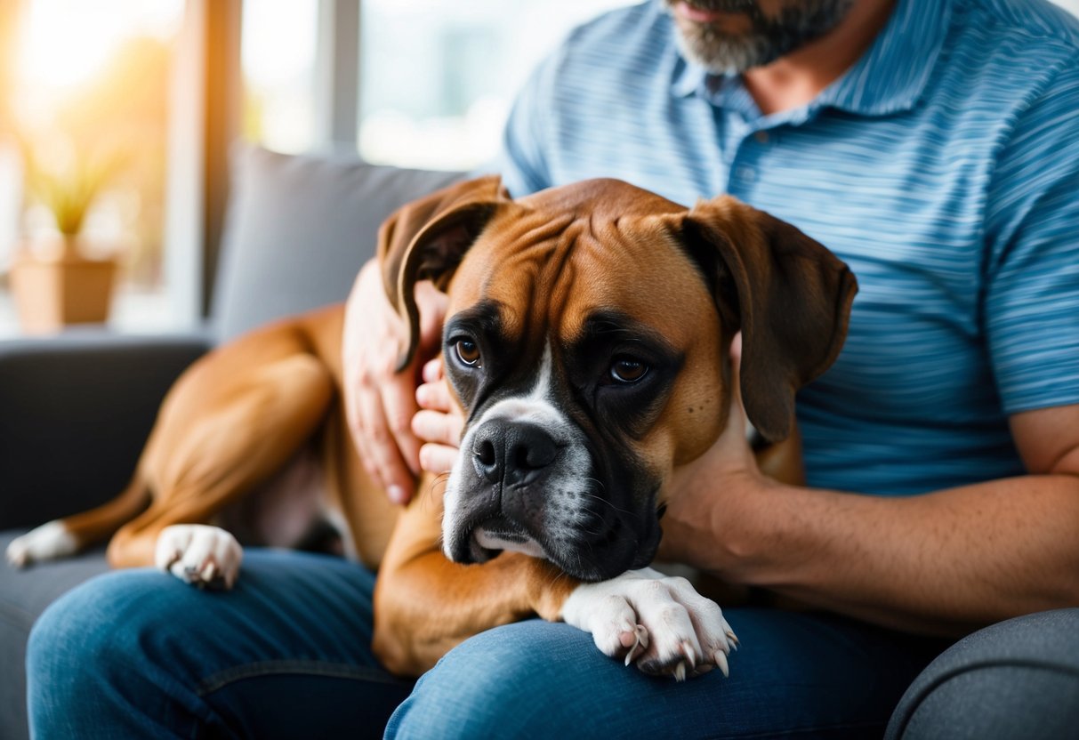A boxer dog lies on its owner's lap, seeking comfort and reassurance, as the owner gently strokes its fur