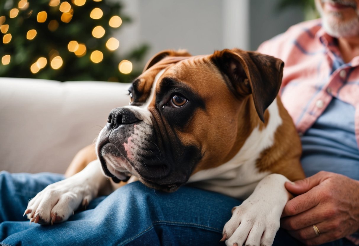 A boxer dog lying contentedly on its owner's lap, looking up with adoring eyes