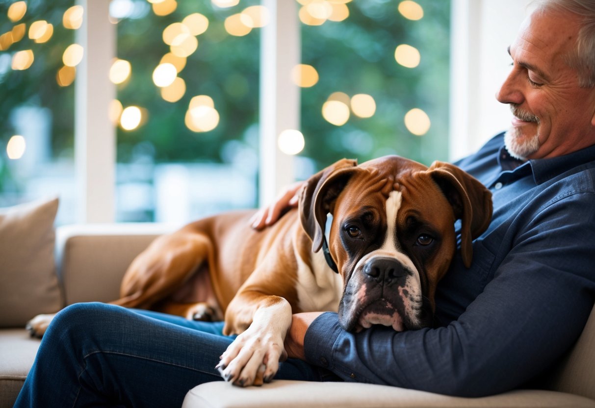 A content boxer dog sprawls across its owner's lap, nuzzling for affection
