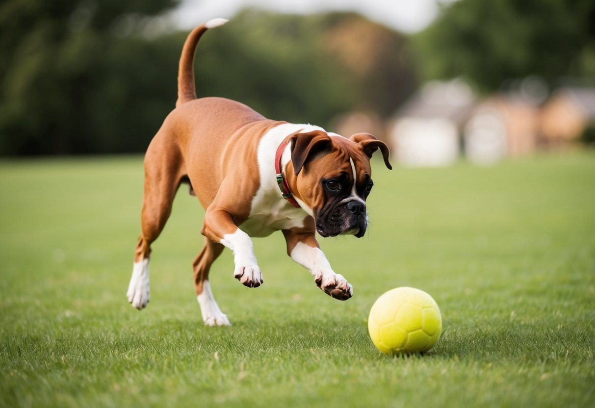 A boxer dog tripping over its own feet while trying to fetch a ball