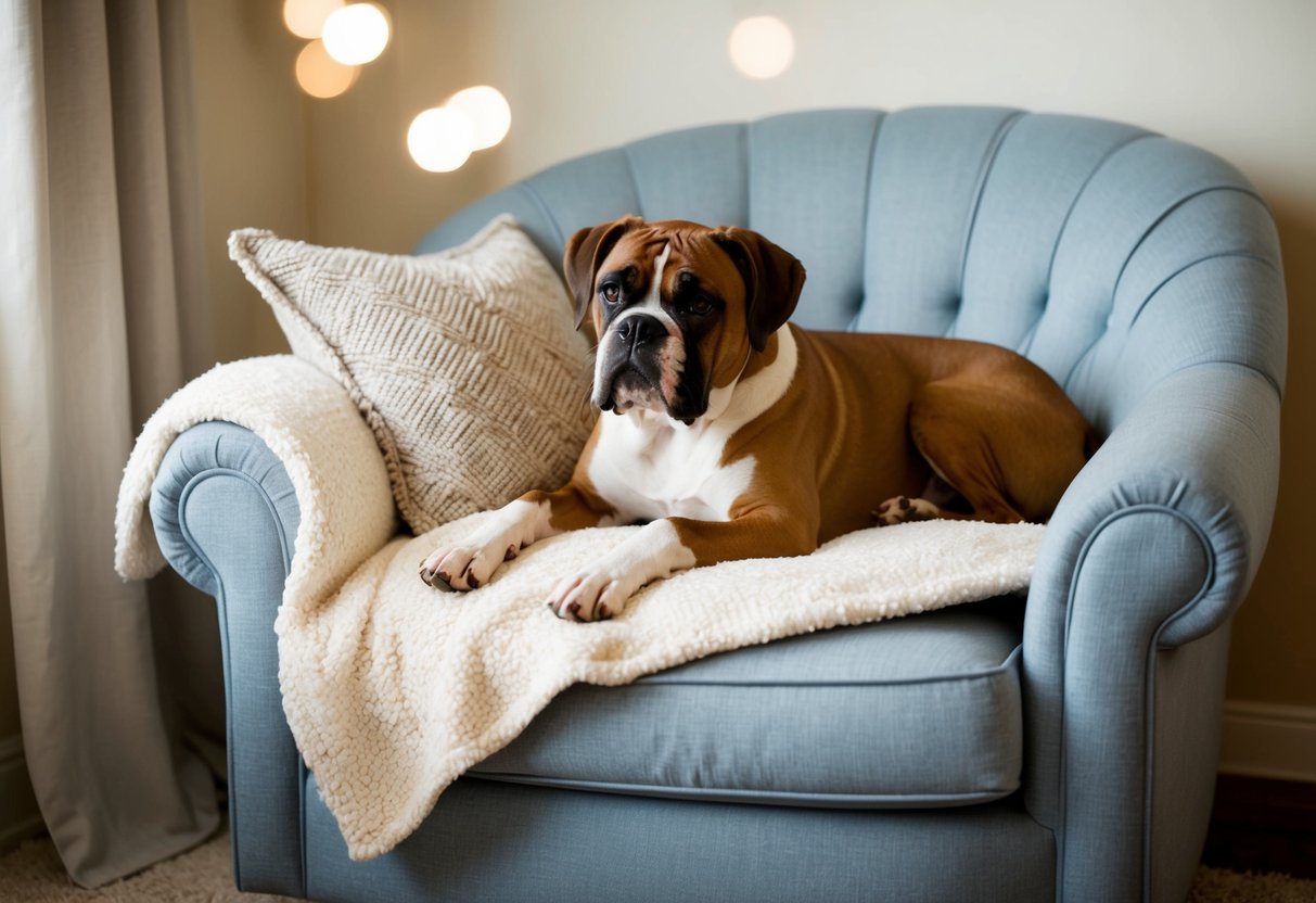 A boxer dog lays contentedly on a cozy, oversized armchair, nestled against a soft blanket and surrounded by plush pillows