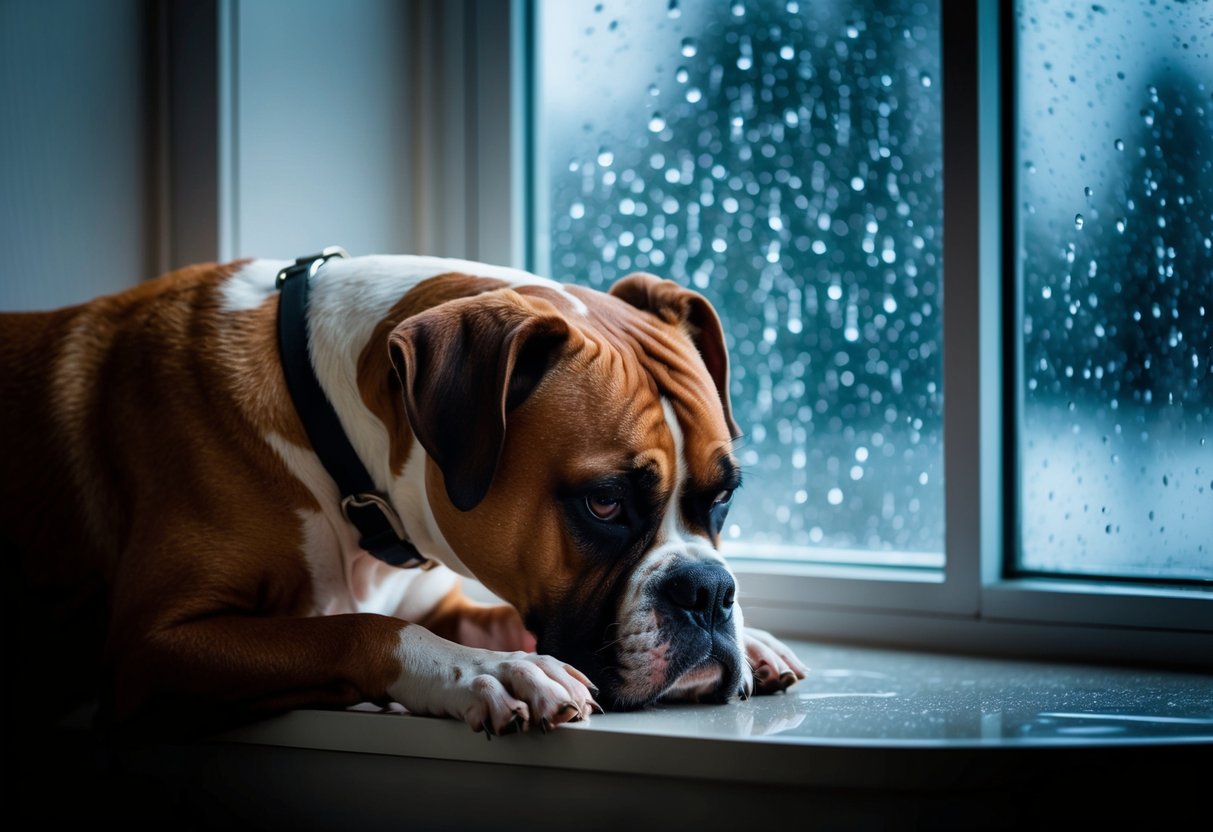 A boxer dog sulks in a dimly lit room, head down and ears drooping, as rain falls outside the window