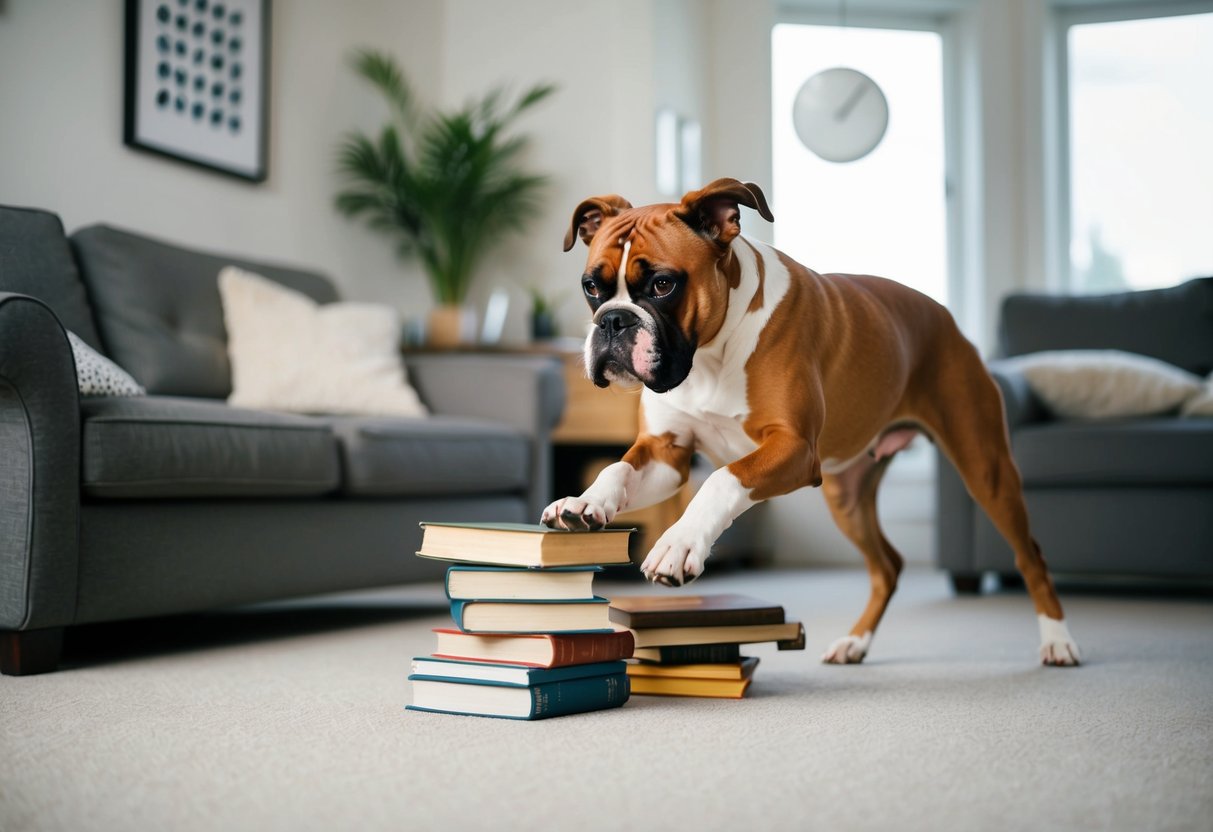 A playful boxer dog knocks over a stack of books while chasing its tail in a cluttered living room