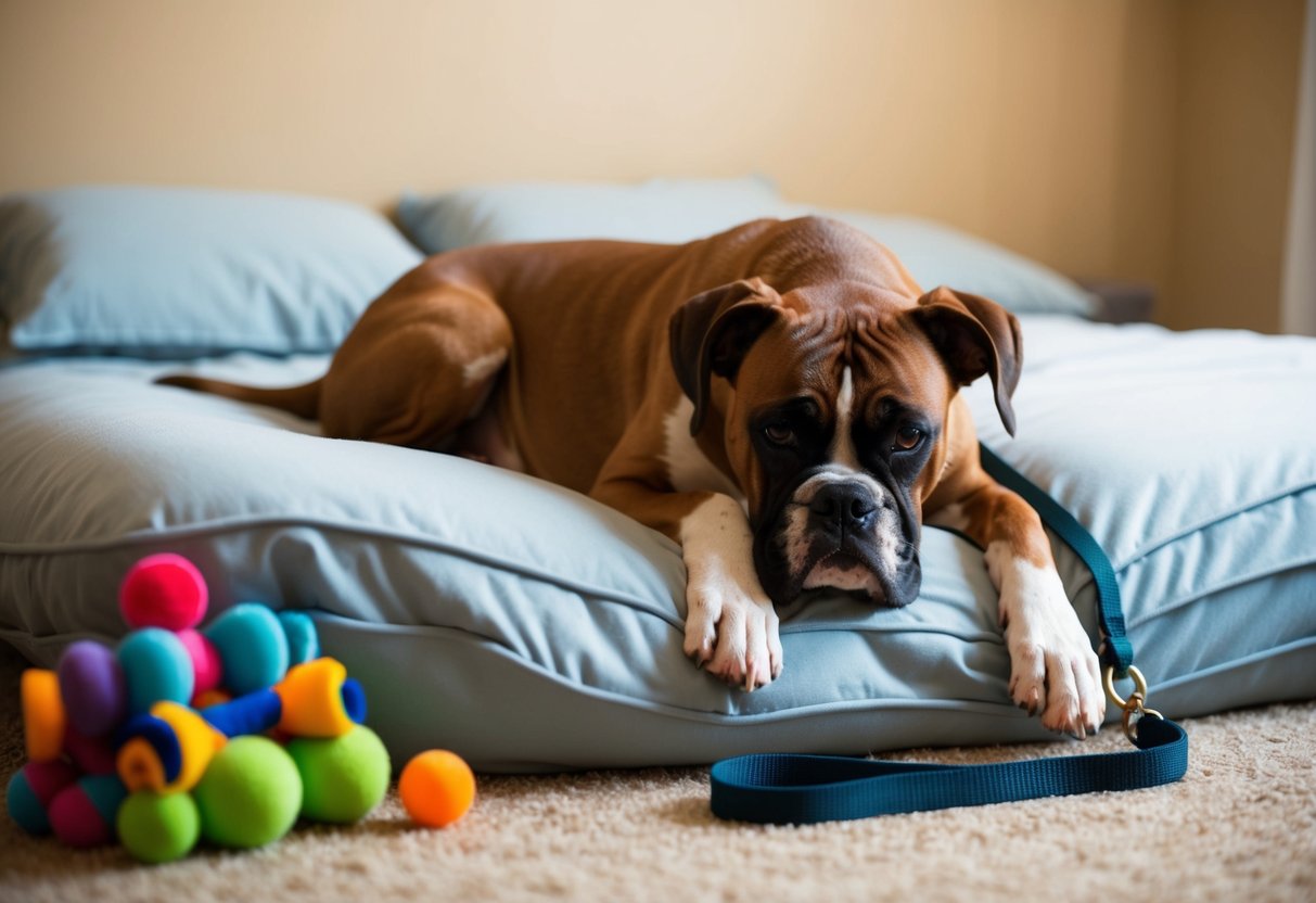 A boxer dog is seen lounging on a soft bed, looking slightly bored. Nearby, a pile of toys and a leash suggest the need for exercise