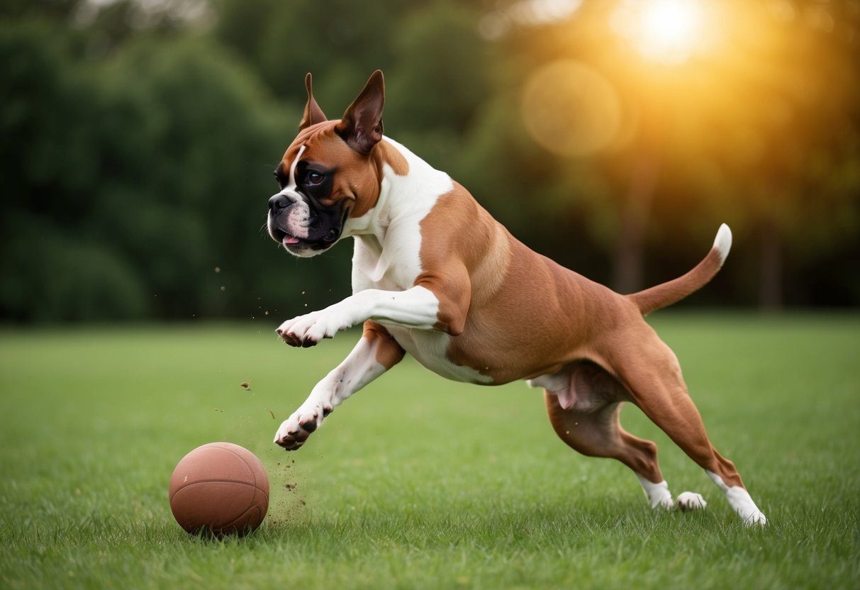 A boxer dog tries to catch a ball, but trips over its own feet, stumbling and flailing as it attempts to regain its balance