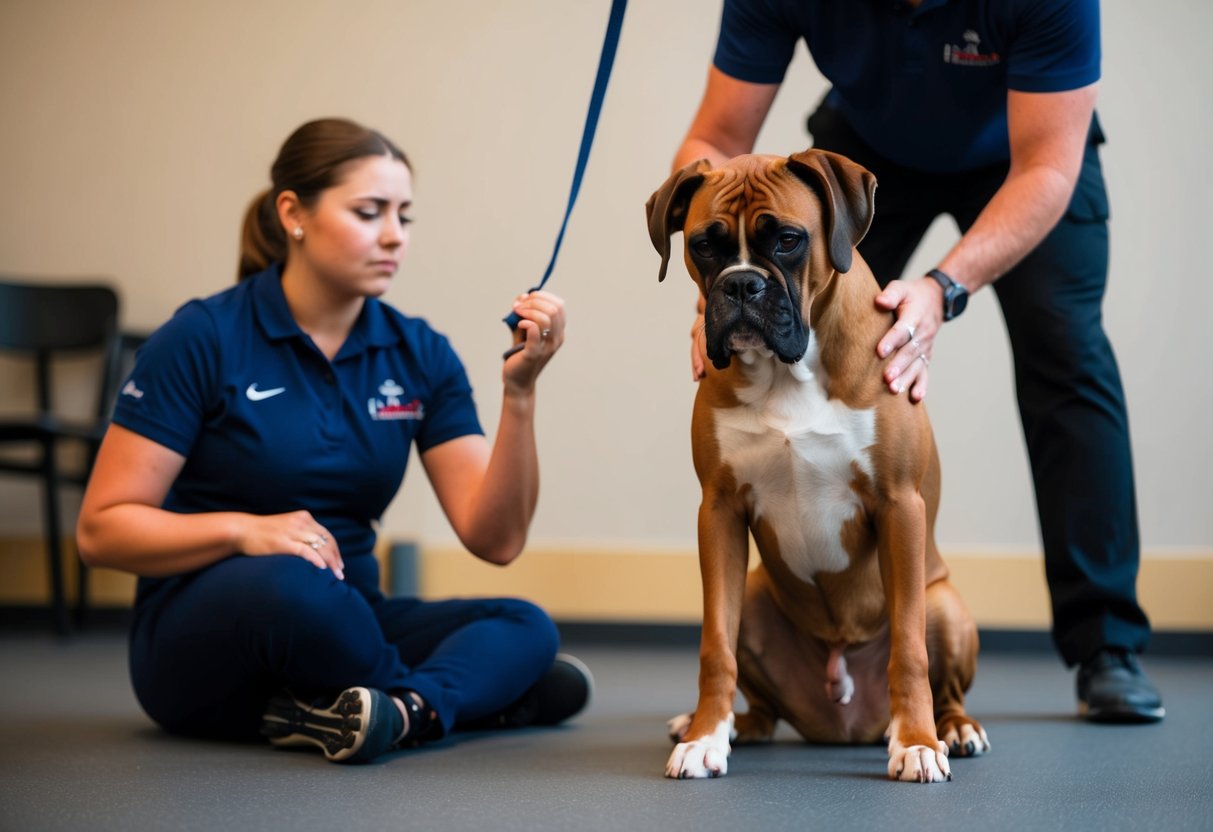 A boxer dog sits with a lowered head and drooping ears, displaying signs of sulking. Nearby, a trainer uses positive reinforcement to redirect the dog's behavior