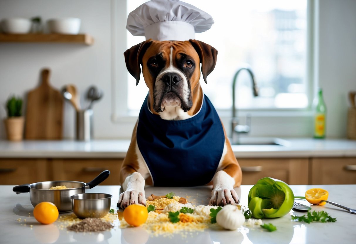 A boxer dog wearing a chef's hat and apron, surrounded by spilled ingredients and utensils, looking sheepish