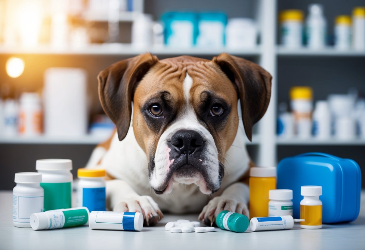 A boxer dog with a concerned expression, surrounded by various medical equipment and medications