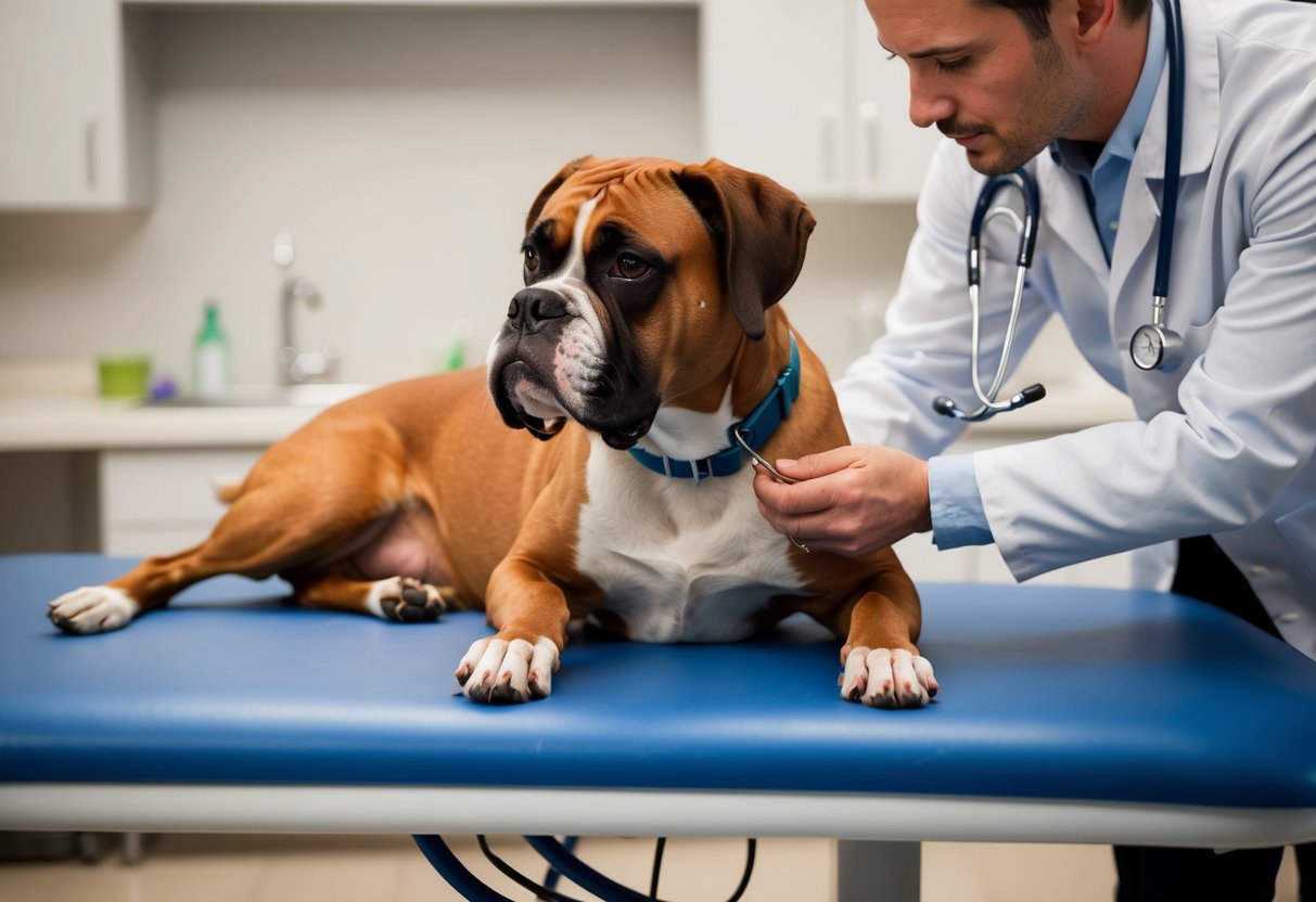 A boxer dog lies on a veterinary examination table, with a concerned veterinarian listening to its heart with a stethoscope